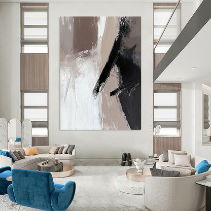 Large contemporary abstract painting featuring beige and white tones with black brush strokes on oil wood panel ideal for modern decor. DLZ0698