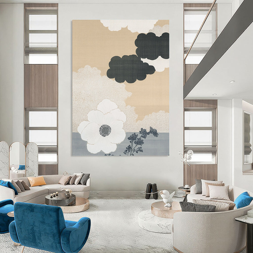 Contemporary abstract art features a beige and white cloud pattern on a gray ombre background with a large white flower and minimalist accents. DLZ1134