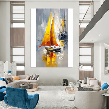Contemporary hand-painted abstract art featuring a small boat with a yellow sail and orange tassels against a calm sea and gray sky. DLZ1700