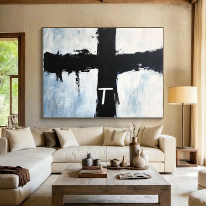 Black Cross with White 'T' on Blue - Symbolic Abstract Painting On Canvas HB0469