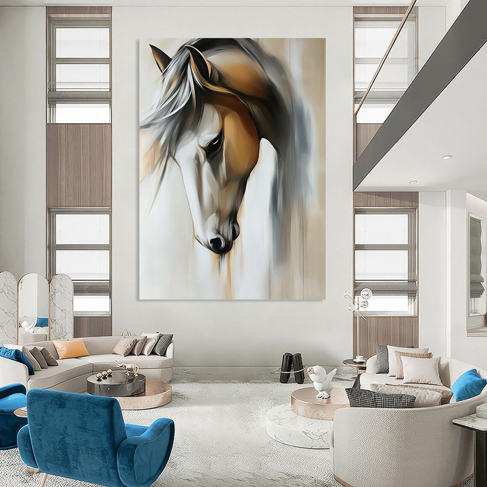 Contemporary abstract painting featuring a close-up view of a horse in muted light gray and off-white tones on a beige background. DLZ1670