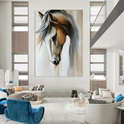 Contemporary abstract painting featuring a close-up view of a horse in muted light gray and off-white tones on a beige background. DLZ1670