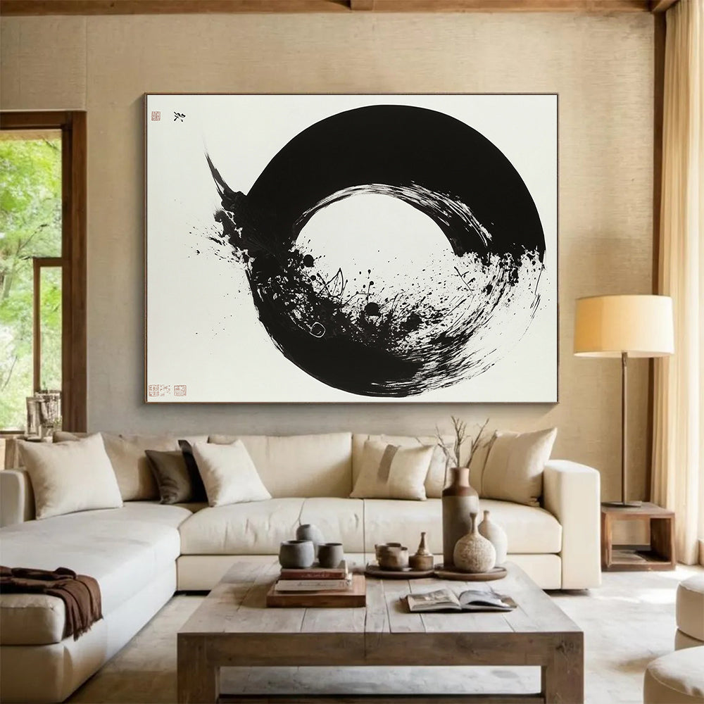 White, Black with Enso - like Circle "Zen Essence" Abstract Painting On Canvas HB020