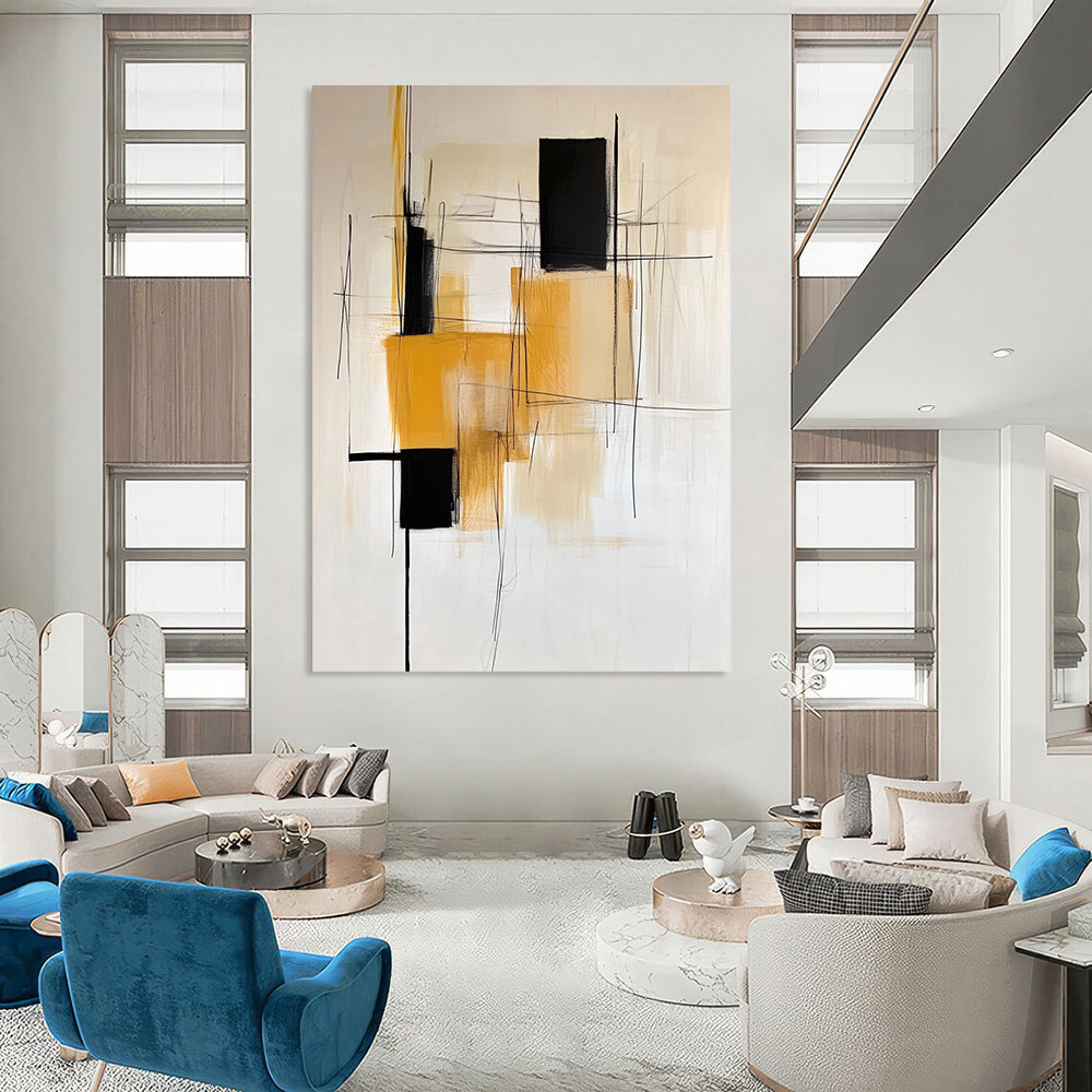 Contemporary abstract painting featuring a white background with minimalistic black yellow orange and beige lines and a single square shape on the left. DLZ1023