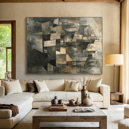 Gray, Brown and Black Cubist Cityscape "Urban Fragmentation" Painting On Canvas HB371