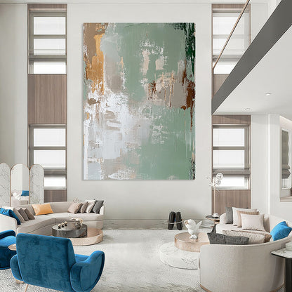 Contemporary hand-painted abstract art featuring a faded distressed background in light green and beige with peeling paint in the style of James Jean. DLZ1257