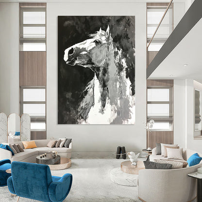 Contemporary abstract painting featuring a horse with monochromatic loose brushwork on a black background creating an expressive minimalistic atmosphere. DLZ0602
