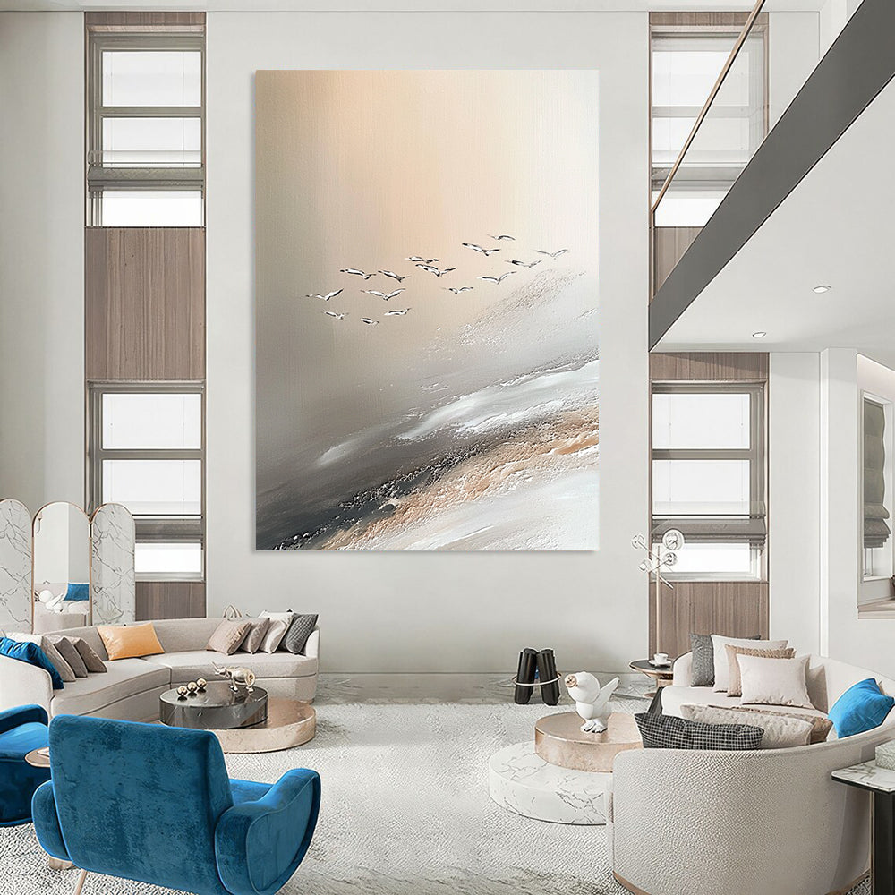 Contemporary abstract painting showcasing Jupiter's serene beauty with soft sand dune-inspired colors and seagulls enhancing the tranquil atmosphere. DLZ1137