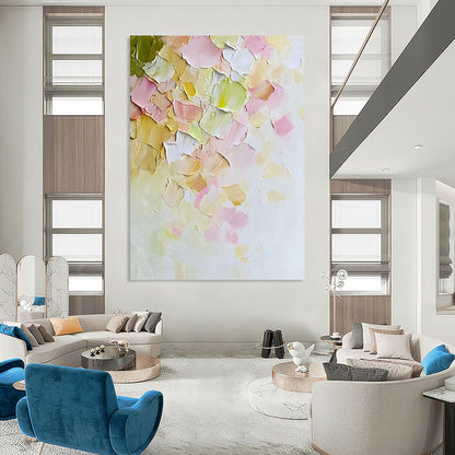 Contemporary hand-painted abstract art features soft pastel petals on textured canvas evoking warmth and serenity in a minimalist springtime style. DLZ1192