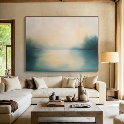 “Misty Lake Serenity” - Blue, Beige, Green, Misty Lake Landscape Painting On Canvas HB0993