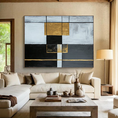 Gray, White, Gold, Black, Geometric Squares "Gilded Intersection" Abstract Modernist Painting On Canvas HB149