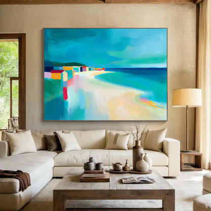 “Colorful Beach Scene with Abstract Houses” - Coastal Abstract Painting On Canvas HB0520
