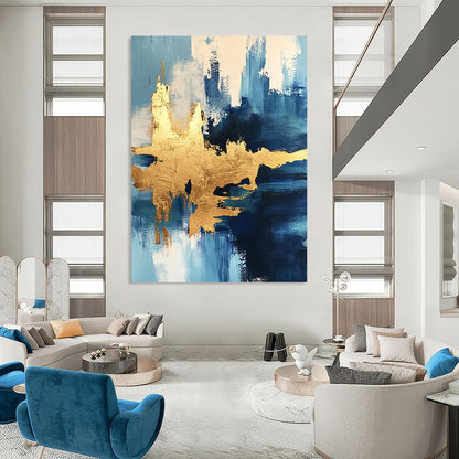 Contemporary abstract painting featuring ocean themes and textured gold foil accents for a luxurious artistic expression. DLZ0343