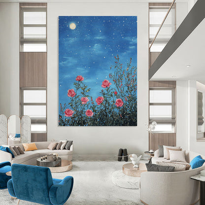 Contemporary abstract art featuring pink roses under starry skies detailed in soft pastels with a vintage touch and intricate lace design. DLZ1254