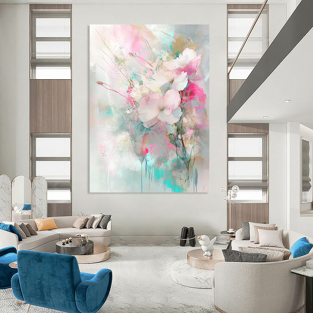 Vibrant contemporary hand-painted abstract art featuring flowers and plants in light pink and turquoise with delicate brushstrokes and soft lighting. DLZ0981