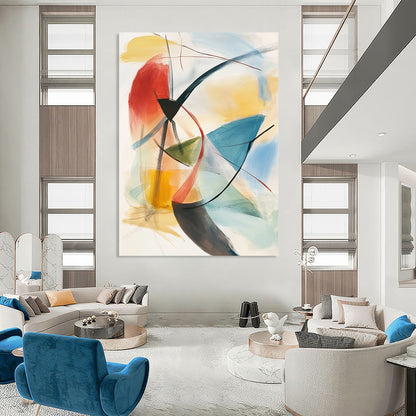 Contemporary hand-painted abstract artwork features soft pastels and geometric shapes with dynamic brushwork and layered depth for a striking visual experience. DLZ1393