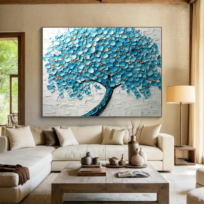 Blue, Orange and White Textured Tree "Vibrant Canopy" Painting On Canvas HB0424
