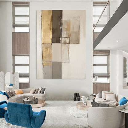 Contemporary hand-painted abstract art featuring textured brown and gold accents with smooth shades of gray on an off-white background. DLZ1070