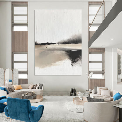 Contemporary abstract painting showcases impasto technique with bold brush strokes depicting a serene landscape and body of water in neutral tones. DLZ1349