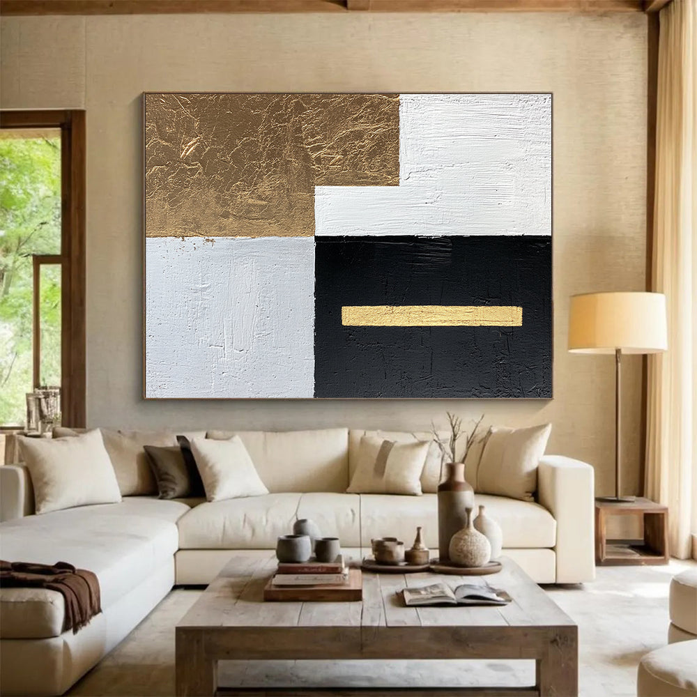 White, Black, Gold, Light Gray with Geometric Blocks "Elegant Division" Abstract Painting On Canvas HB011