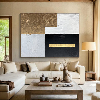 White, Black, Gold, Light Gray with Geometric Blocks "Elegant Division" Abstract Painting On Canvas HB011