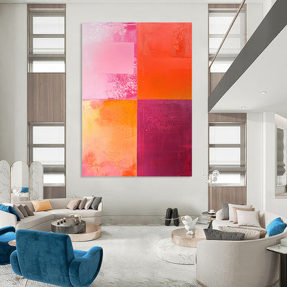 Contemporary hand-painted abstract artwork featuring textured shades of pink and orange with a striking central light red square and dynamic color interplay. DLZ1265
