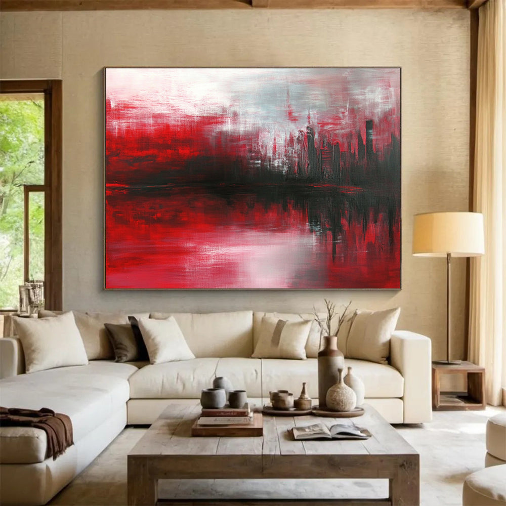 “Red Cityscape Reflection” - Red, Gray, Black - Abstract City Reflection - Oil Painting HB1298