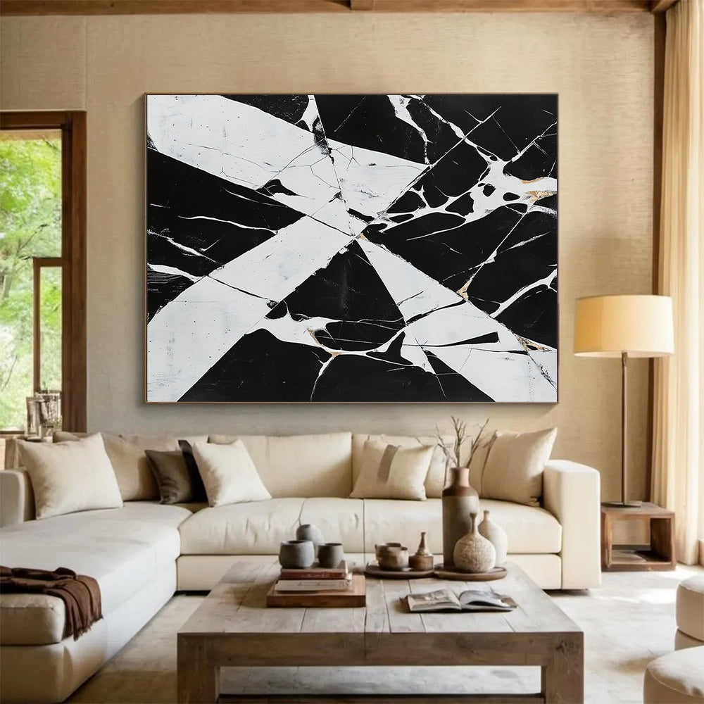 Black, White, Gold with Marbled Cracks "Fractured Elegance" Abstract Painting On Canvas HB017