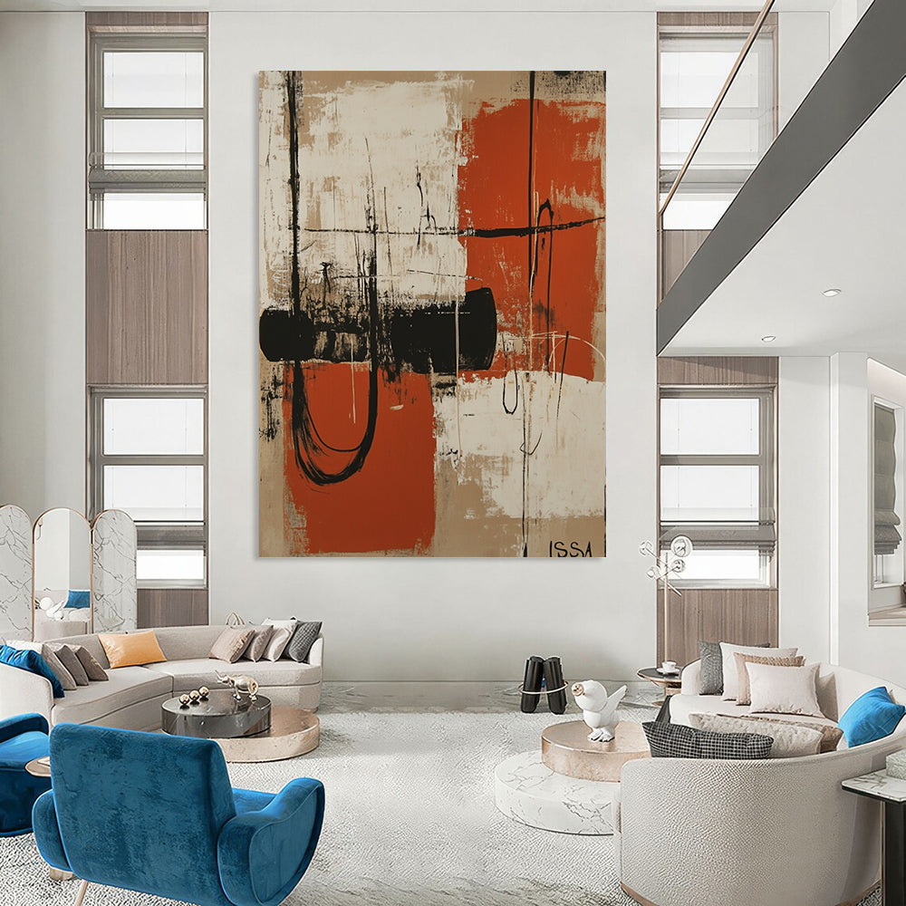 Contemporary abstract artwork featuring orange and white shapes resembling machinery silhouettes against a beige background with dark vignette and textured shading. DLZ1085