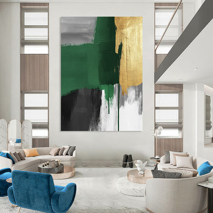 Contemporary hand-painted abstract art features green and grey brush strokes with gold accents and visible canvas texture, creating a striking surrealistic expressionist style. DLZ1626