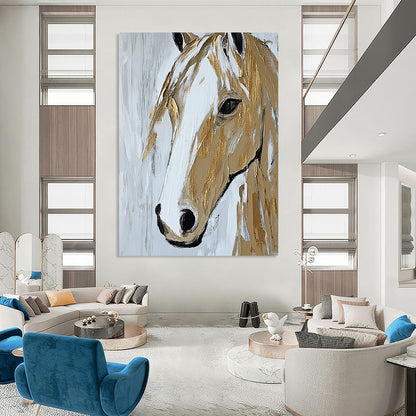 Contemporary abstract painting showcasing a close-up horse portrait in beige and white with textured gold accents on a minimal background. DLZ1583