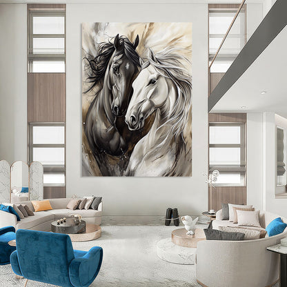 Contemporary abstract artwork featuring two horses playing in silver and gray tones with expressive brushstrokes and flowing fur details. DLZ1662
