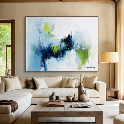 “Blue - Green Abstract” - Blue, green, white, Abstract Expressionist Painting HB0626