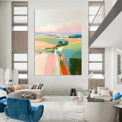 Contemporary hand-painted abstract art featuring soft pink skies and vibrant green and blue fields inspired by Robert H and Fairfield Porter. DLZ0408