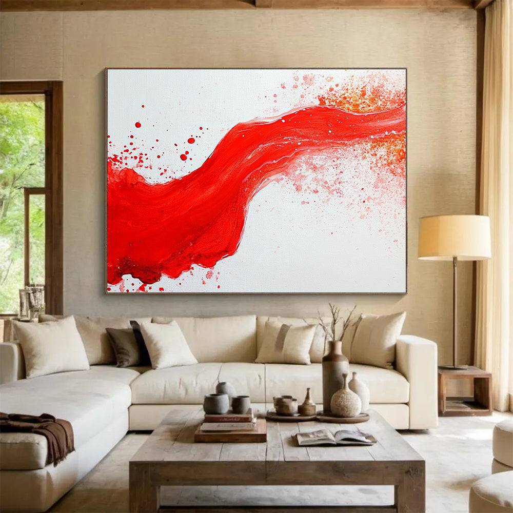 “Red Wave Splash” - Red, White, Abstract Wave Painting On Canvas HB0752
