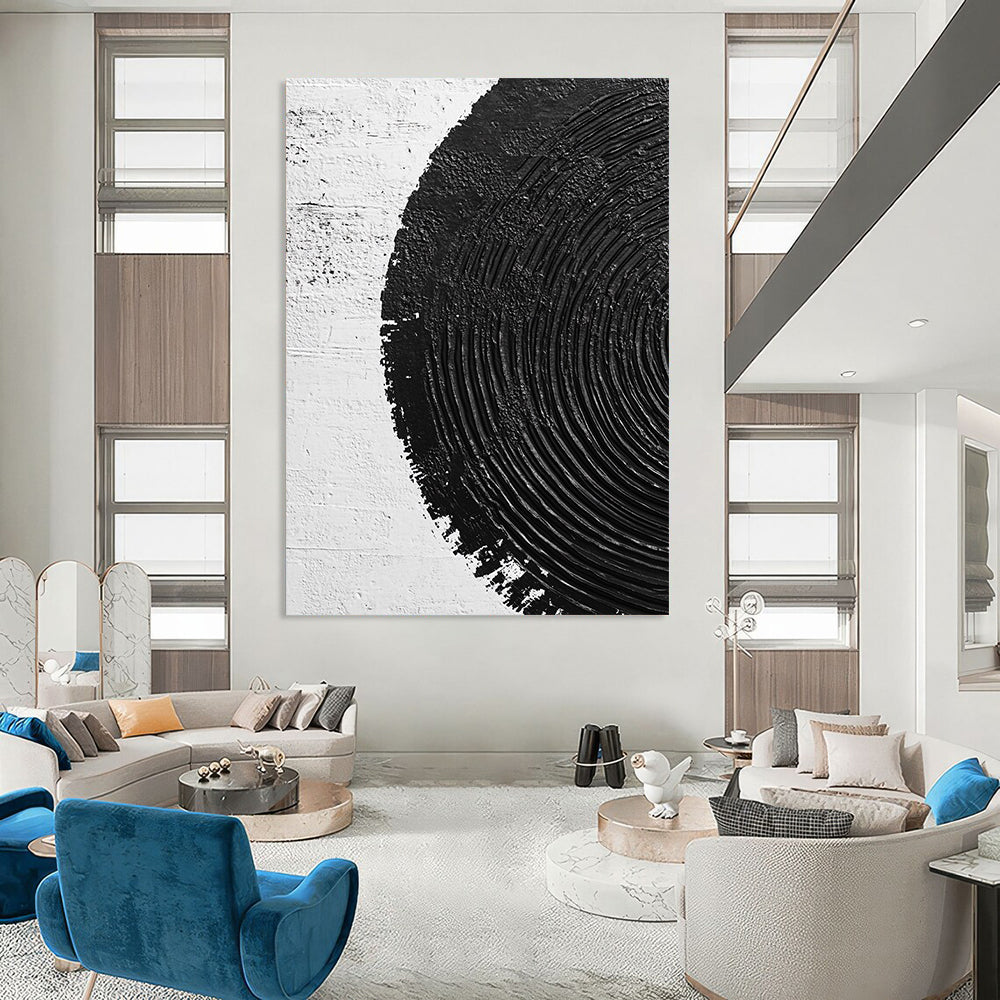 Contemporary abstract painting featuring textured circles and serene ripples, creating a calming visual experience on a pure white backdrop. DLZ1550