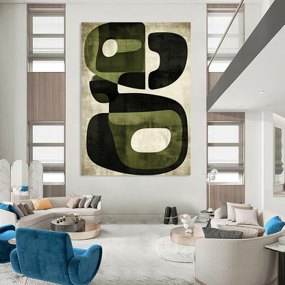 Contemporary hand-painted abstract art features organic shapes in olive green and black with a textured retro design reflecting mid-century modern aesthetics. DLZ0500