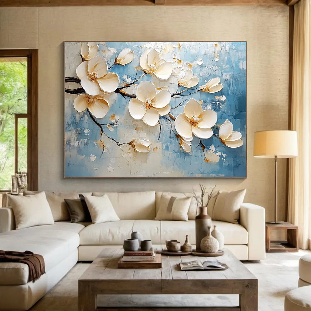 Blue, Beige and White Textured Magnolias "Blossom Serenity" Painting On Canvas HB0422