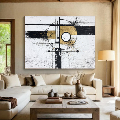 Black, White, Gold, Geometric Fusion "Gilded Geometry" Abstract Cubist - Inspired Painting On Canvas HB103