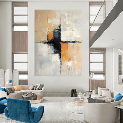 Large contemporary hand-painted abstract art featuring soft neutral tones with orange accents and black elements, incorporating architectural shapes and loose brush strokes. DLZ1058