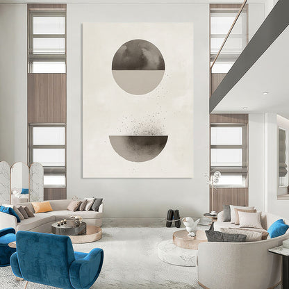 Contemporary abstract artwork features a minimalist Japandi design with muted gray and beige tones and harmonious circle and half-circle shapes. DLZ1346