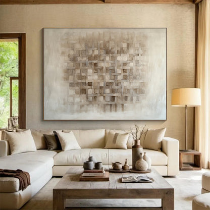 Beige Woven Grid Pattern - “Textured Tapestry” Painting On Canvas HB1446