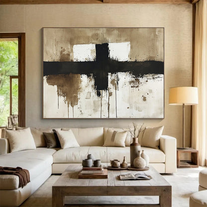 “Minimalist Cross in Earth Tones” - Black, Brown, White, Simplified Cross with Dripping Effects - Abstract Ink - style Painting HB1767
