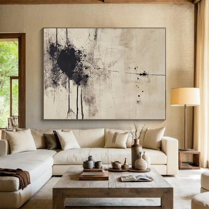 “Ink - Splatter Abstract” - Black, Beige with Spattered Ink - Painting On Canvas HB1387