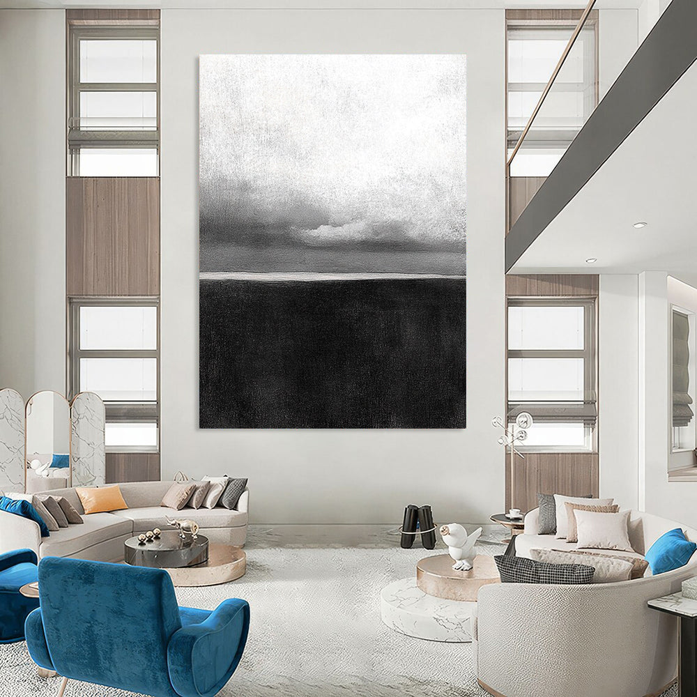 Contemporary hand-painted abstract artwork featuring a textured ocean horizon with soft, atmospheric clouds and a grainy, minimalist aesthetic. DLZ1546