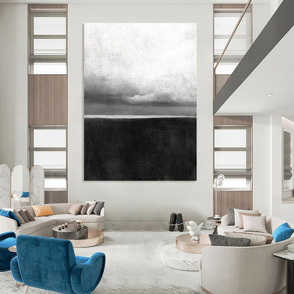 Contemporary hand-painted abstract artwork featuring a textured ocean horizon with soft, atmospheric clouds and a grainy, minimalist aesthetic. DLZ1546