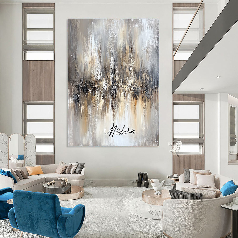 Contemporary abstract artwork featuring an ethereal chandelier in beige and grey tones with "Modern" in cursive on a canvas-textured background. DLZ0457