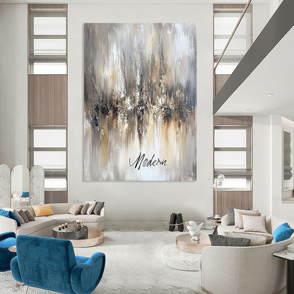 Contemporary abstract artwork featuring an ethereal chandelier in beige and grey tones with "Modern" in cursive on a canvas-textured background. DLZ0457