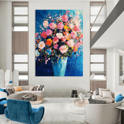 Abstract expressionism captures vibrant pink and blue hues with thick brush strokes and texture, creating a dynamic floral arrangement against an indigo background. DLZ1277