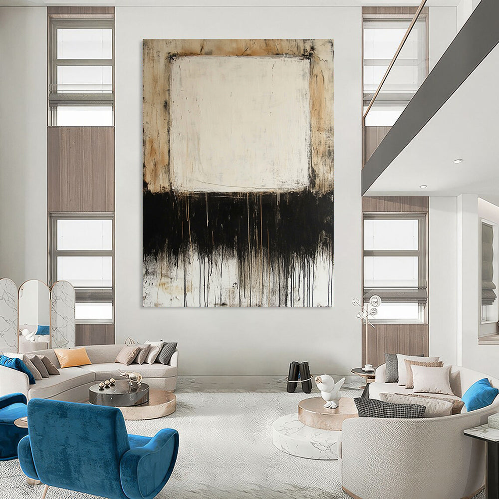 Contemporary large hand-painted abstract artwork featuring mixed media on canvas with thin oil paint lines and a prominent central white square. DLZ0685